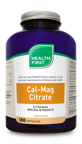Cal-Mag Citrate 2:1 With Zinc & D - 180caps - Health First - Health & Body Nutrition 
