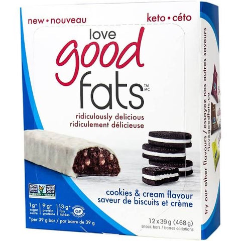 Love Good Fats - Cookies & Cream - Box of 12 Bars - Health & Body Nutrition 
